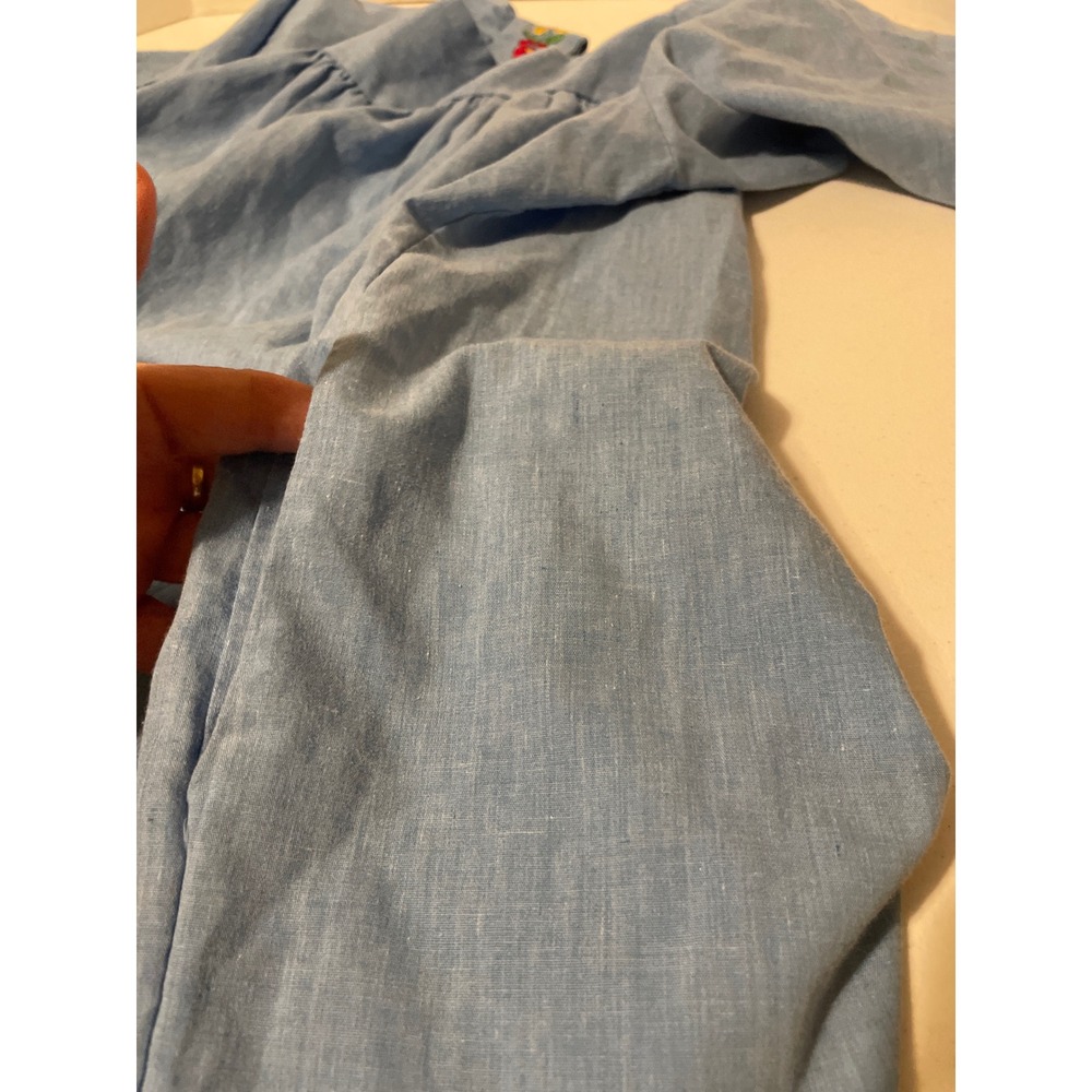 Vintage Style Blue Chambray Floral Embroidered Square Neck Peasant Dress Pockets - Picture 6 of 7